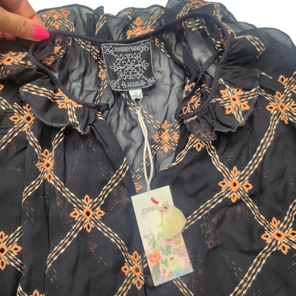Johnny Was Dress XL Black Orange Sheer Embroidered Mock Neck Ruffle Button NEW - Picture 8 of 12